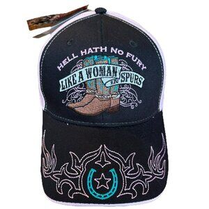 He!! hath no fury, Like A woman in spurs 6 panel ball cap hat pink and black